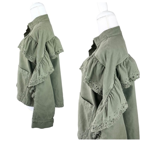 The Great eyelet army utility military jacket ruffle cropped olive green XS/0 - Picture 5 of 17